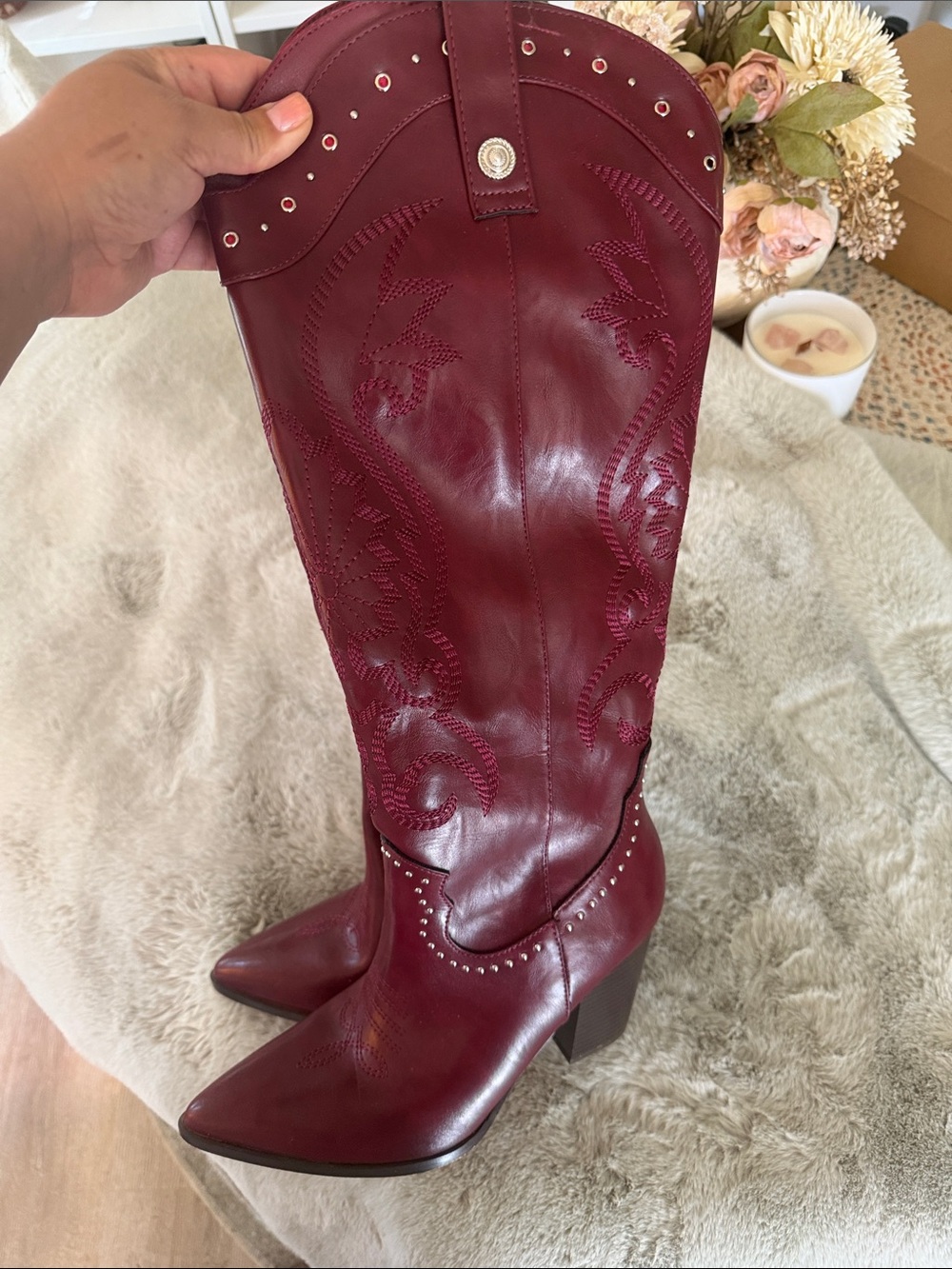 Women's Burgundy Embroidered Western Knee-High Boot